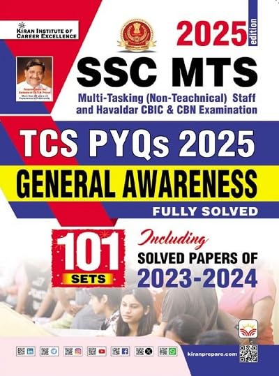 Kiran SSC MTS 2025 Exam TCS PYQs General Awareness Fully Solved 101 Sets Including Solved Papers of 2023-2024 English Medium
