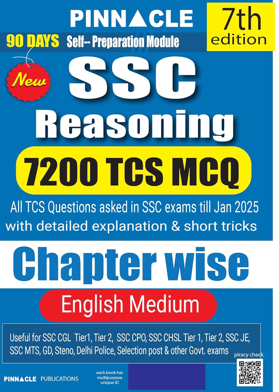Pinnacle SSC Reasoning 7200 TCS MCQ Chapterwise Till January 2025 English Medium 7th Edition
