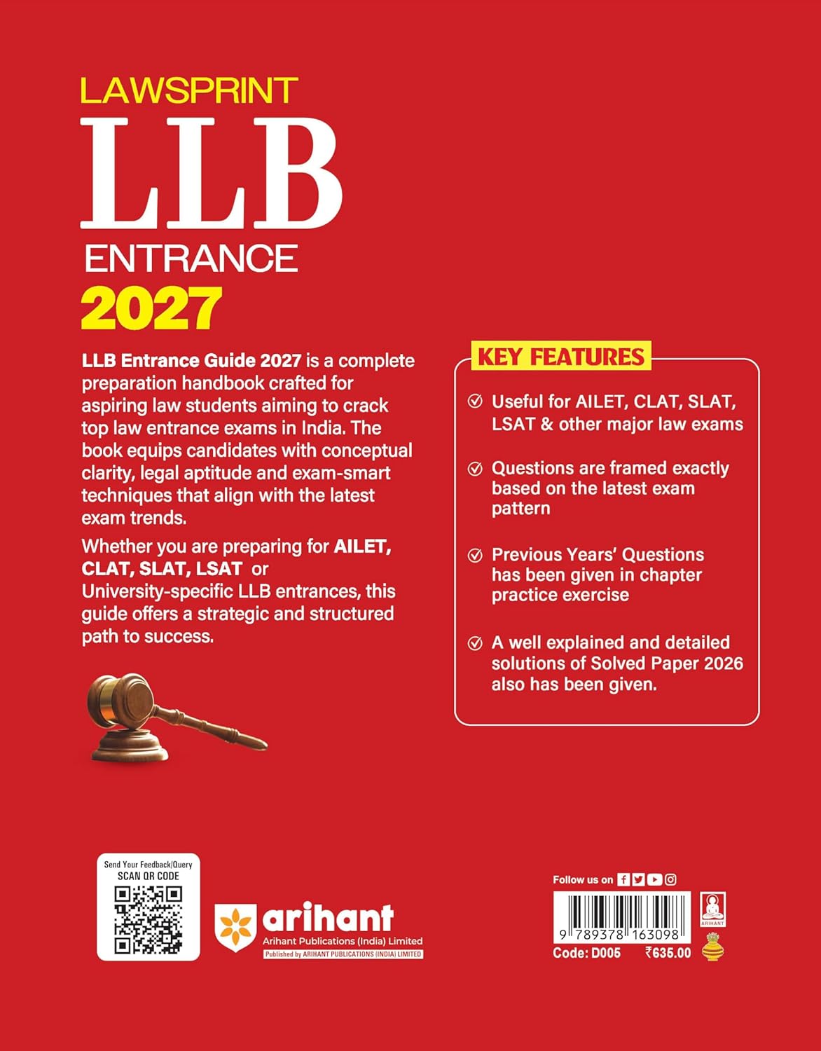 Arihant Lawsprint LLB 2027 Entrance Exam Guide Complete Coverage English Medium