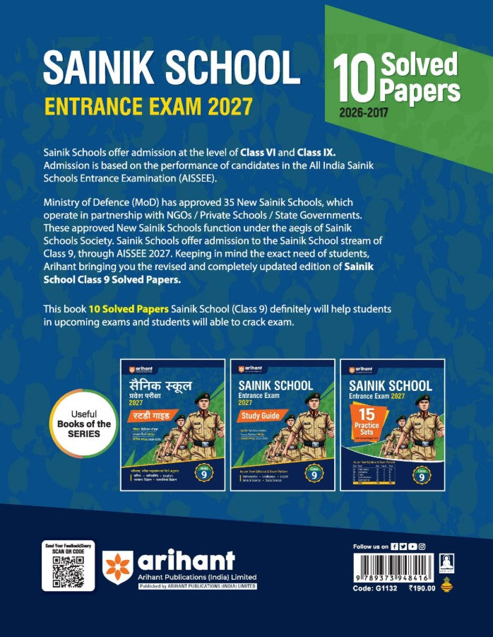 Arihant AISSEE Sainik School Class 9 Entrance Exam 2027 10 Solved Papers 2026 to 2017 Errorless and Authentic Solutions English Medium