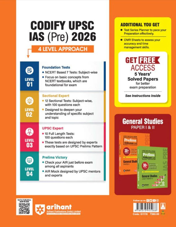 Arihant UPSC IAS Prelims 2026 General Studies Paper 1 Prelims Abhyaas 2.0 30+ Tests (7 NCERT Based + 12 Sectional + 10 Full-Length) 100 Trending Topics with Mindmaps and Quick Revision Notes