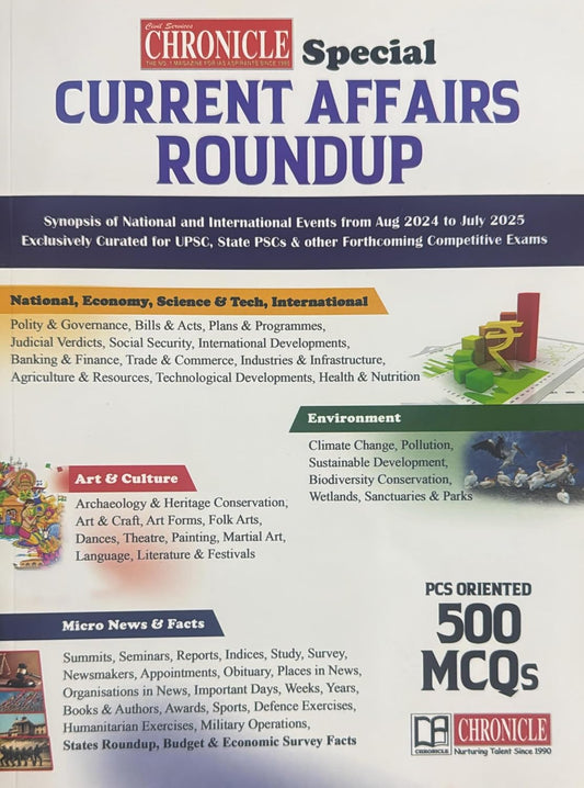 Civil Services Chronicle English Special Current Affairs Roundup September 2025 PCS Oriented 500 MCQs August 2024 To July 2025 Yearly English Medium