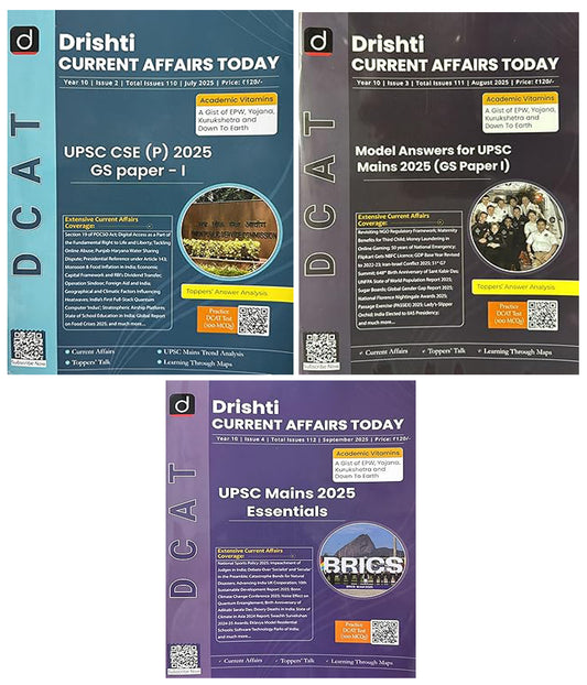 Drishti Current Affairs Today July August September 2025 Combo Set Of Three English Monthly Magazines