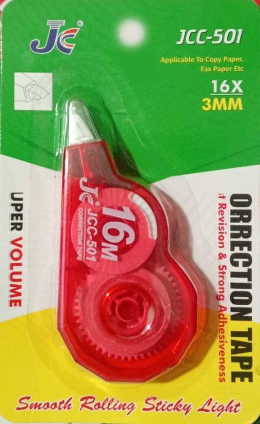 JCC Correction Tape 16 Meter X 3mm Smooth Rolling Stricky Light White Strip Error Correction Tape with Front Cap for Office School Project Assignment