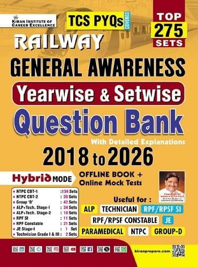 Kiran Railway General Awareness Question Bank 2018 to 2026 Yearwise and Setwise TCS PYQs Top 275 Sets English Medium