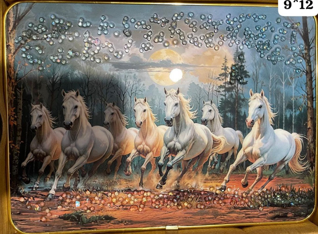 Bhagwan Surya -Children's Book- Chitra katha- Gita Press, Gorakhpur Book, सात घोड़ों की पेंटिंग With Crystal Photo 7 Horses Ready to Hand Golden Frame Picture 9x12 Inch, Wall Decor for & Office, House Warming Gift