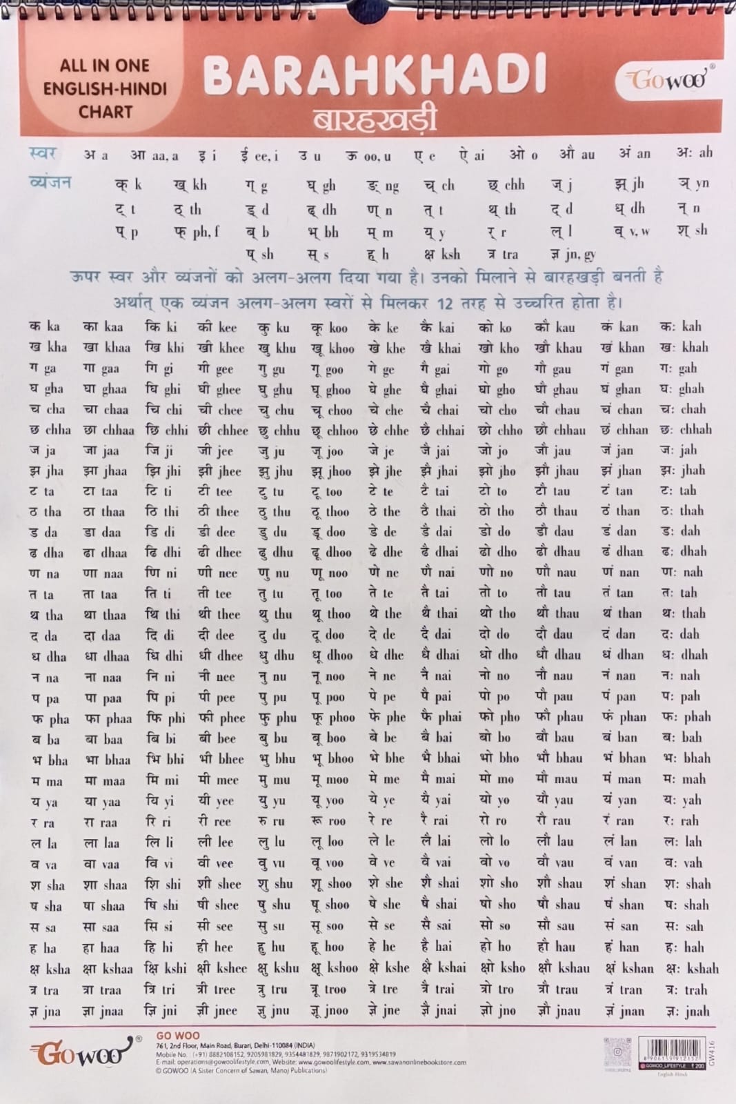 Gowoo All in One English-Hindi Chart 40X55cm Coloured and Plastic Coated Pages Wall Calendar for Kids