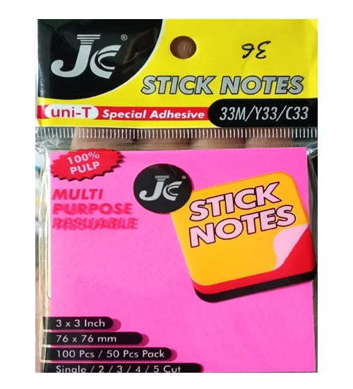 JC Stick Notes Multi Purpose Resuable 3×3 Inch Note Pad Neon Colors Strong Glue for Office School Home