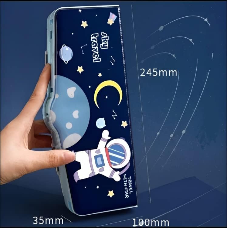Sky Travel Multipurpose Pencil Box for Kids Astronaut Theme with Built-in Sharpener Eraser Compartment and Stationery Holders Blue Colour