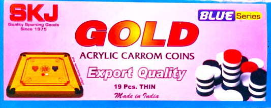 SKJ Gold Acrylic Carrom Coins 4mm 19 Pcs. THIN Export Quality With Brite Shine Carrom Powder and Free 6 mm Striker