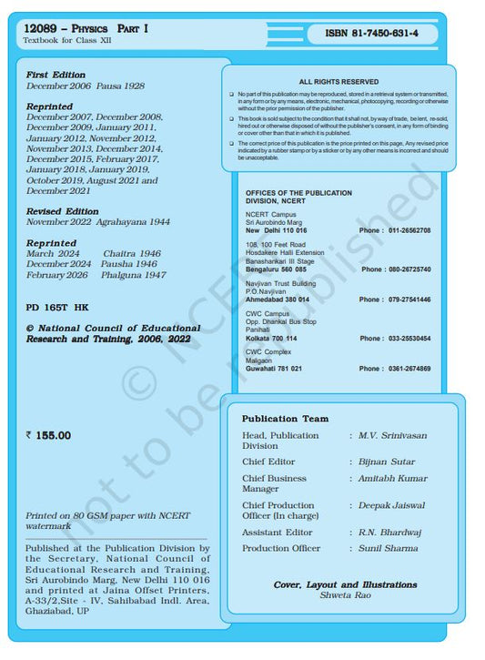 NCERT Physics Class 12 Part 1 Textbook For English Medium Grade XII Based On CBSE Syllabus
