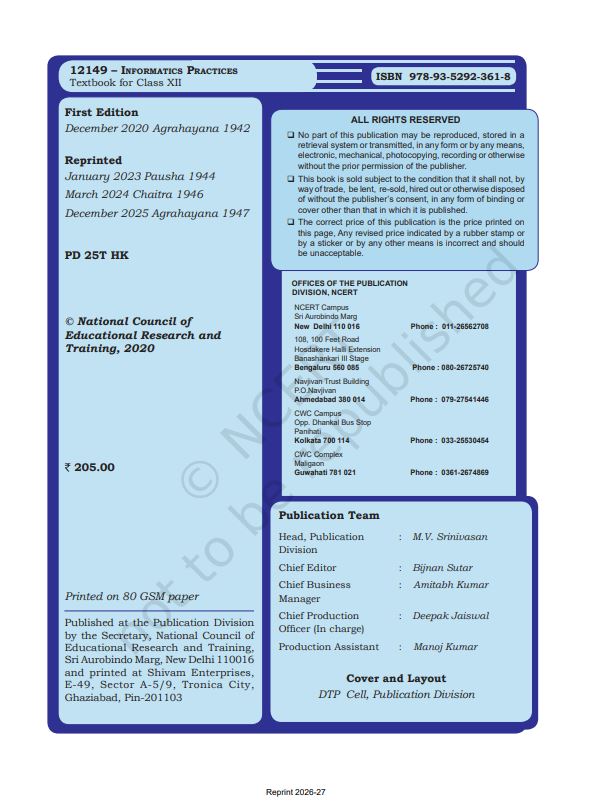 NCERT Informatics Practices Class 12 Textbook Of English Medium Grade XII Code-2149