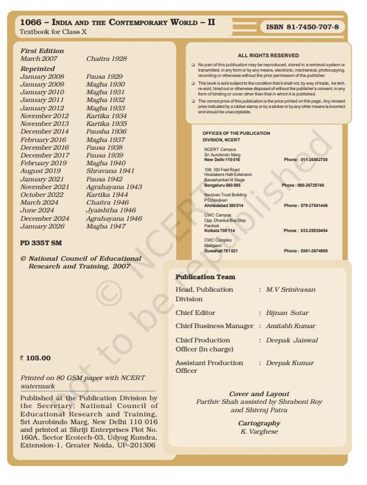 NCERT India And Contemporary World Class 10 Part 10 Textbook For History English Medium Code 1066