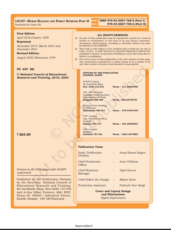 NCERT Home Science Class 12 Part 2 Textbook For Human Ecology And Family Science Grade XII Code-12137