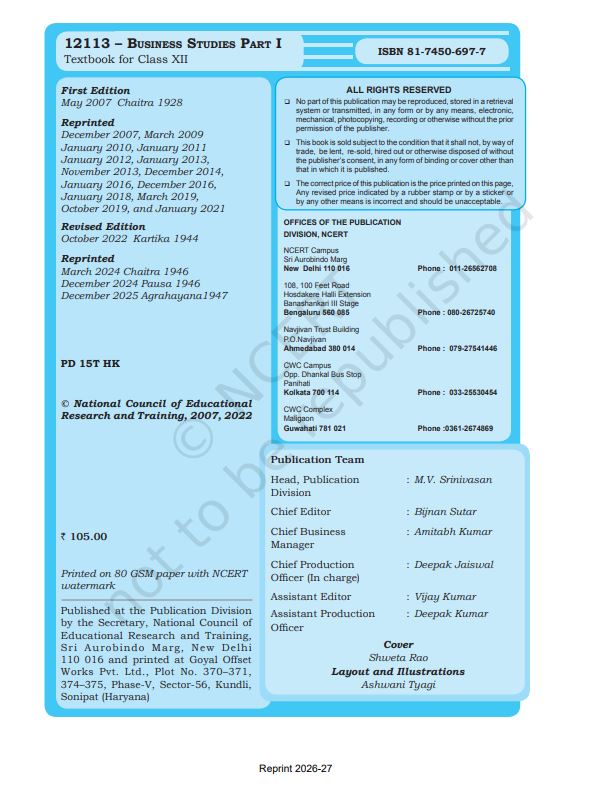 NCERT Business Studies Class 12 Part 1 Textbook For English Medium Grade XII Code-12113