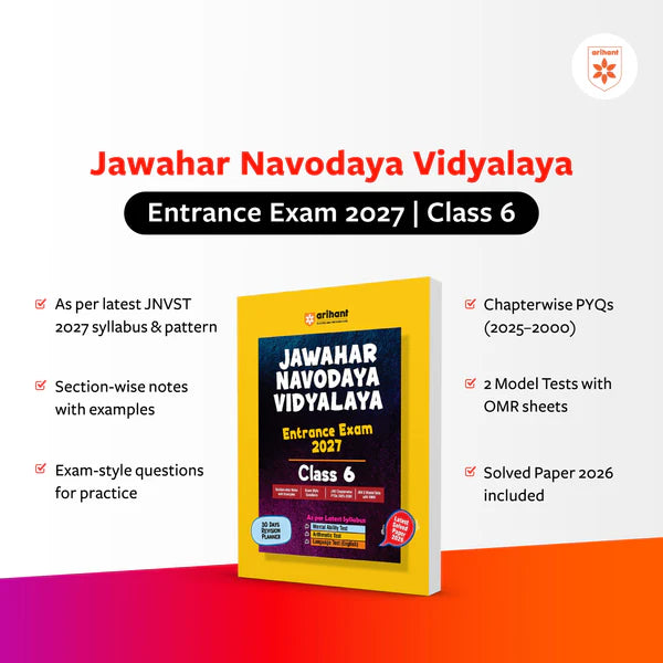 Arihant Jawahar Navodaya Vidyalaya Class 6 Entrance Exam 2027 Study Guide As per Latest PYQs 2000–2025Includes Section-wise NotesSyllabus Exam-Style Questions Model Test Sets OMR And Latest Solved Paper 2026 Hindi Medium With Free Khatu Shyam Sticker