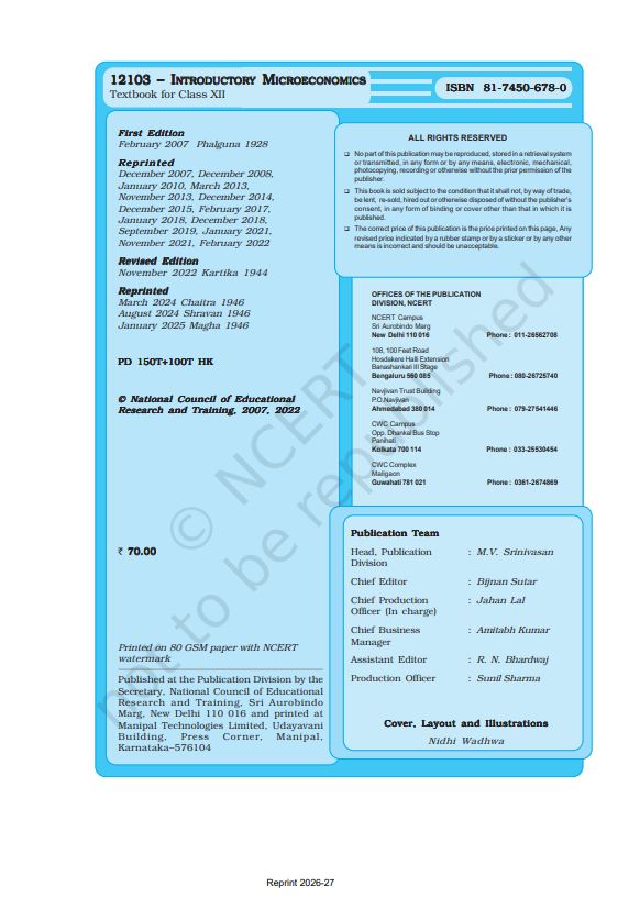 NCERT Introductory Microeconomics Class 12 Textbook For English Medium Grade XII Code-12103
