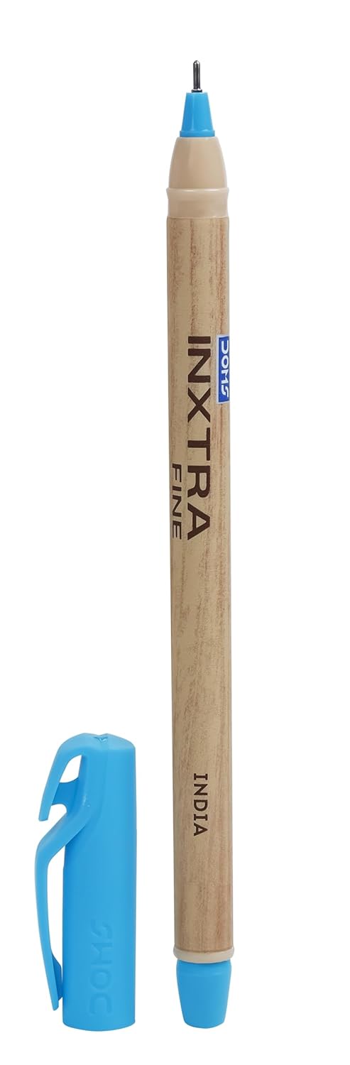 Doms Inxtra Fine Ballpoint Pen 0.7mm Tip Lightweight Fade Resistant Comfortable Grip Smooth Long Writing tural Wood Body Colour Blue Ink Technology Ink Colour Blue