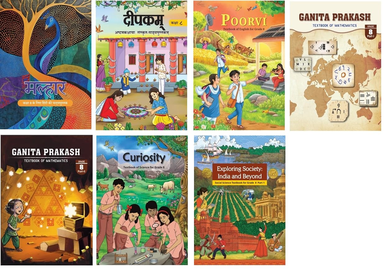 NCERT Class 8 Textbook For Hindi Sanskrit English Mathematics Science Social Science Malhar Deepakam Poorvi Ganita Prakash Part 1 And 2 Curiosity Set Of 7 Books Latest Edition 2025-26