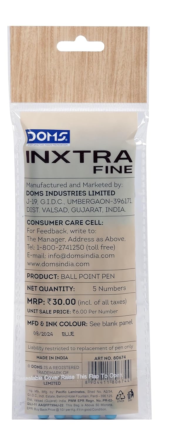 Doms Inxtra Fine Ballpoint Pen 0.7mm Tip Lightweight Fade Resistant Comfortable Grip Smooth Long Writing tural Wood Body Colour Blue Ink Technology Ink Colour Blue