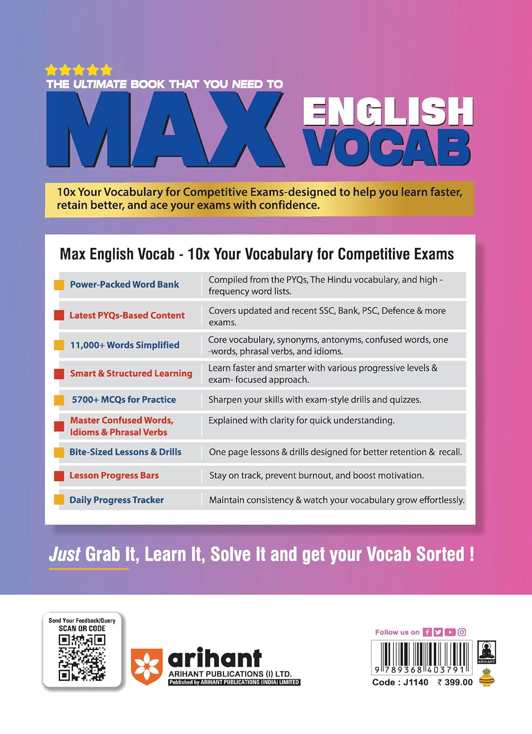 Arihant Max English Vocab Useful For SSC NDA CDS AFCAT BANK CUET MBA And All Competitive Exam
