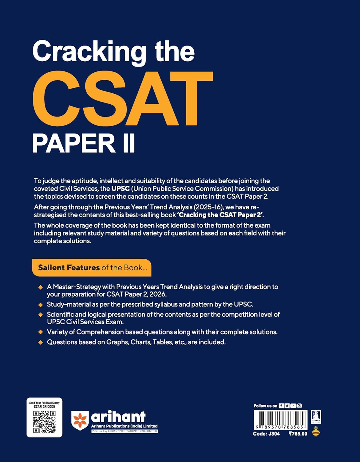 Arihant UPSC 2026 Cracking the CSAT Paper 2 Guide Complete Coverage With Solved Papers 2025-2023 and 5 Crack Sets English Medium