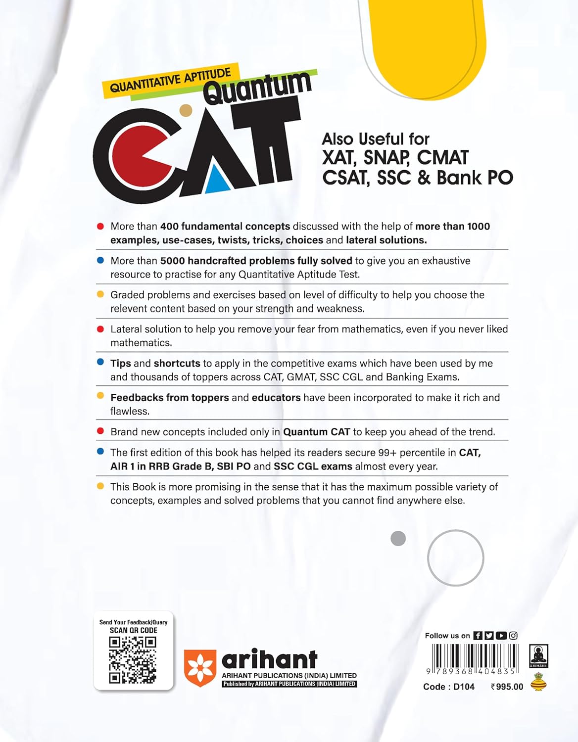 Arihant Quantitative Aptitude Quantum CAT Also Useful For XAT SNAP CMAT CSAT SSC And Bank PO By Sarvesh K Verma With Free Khatu Shyam Sticker