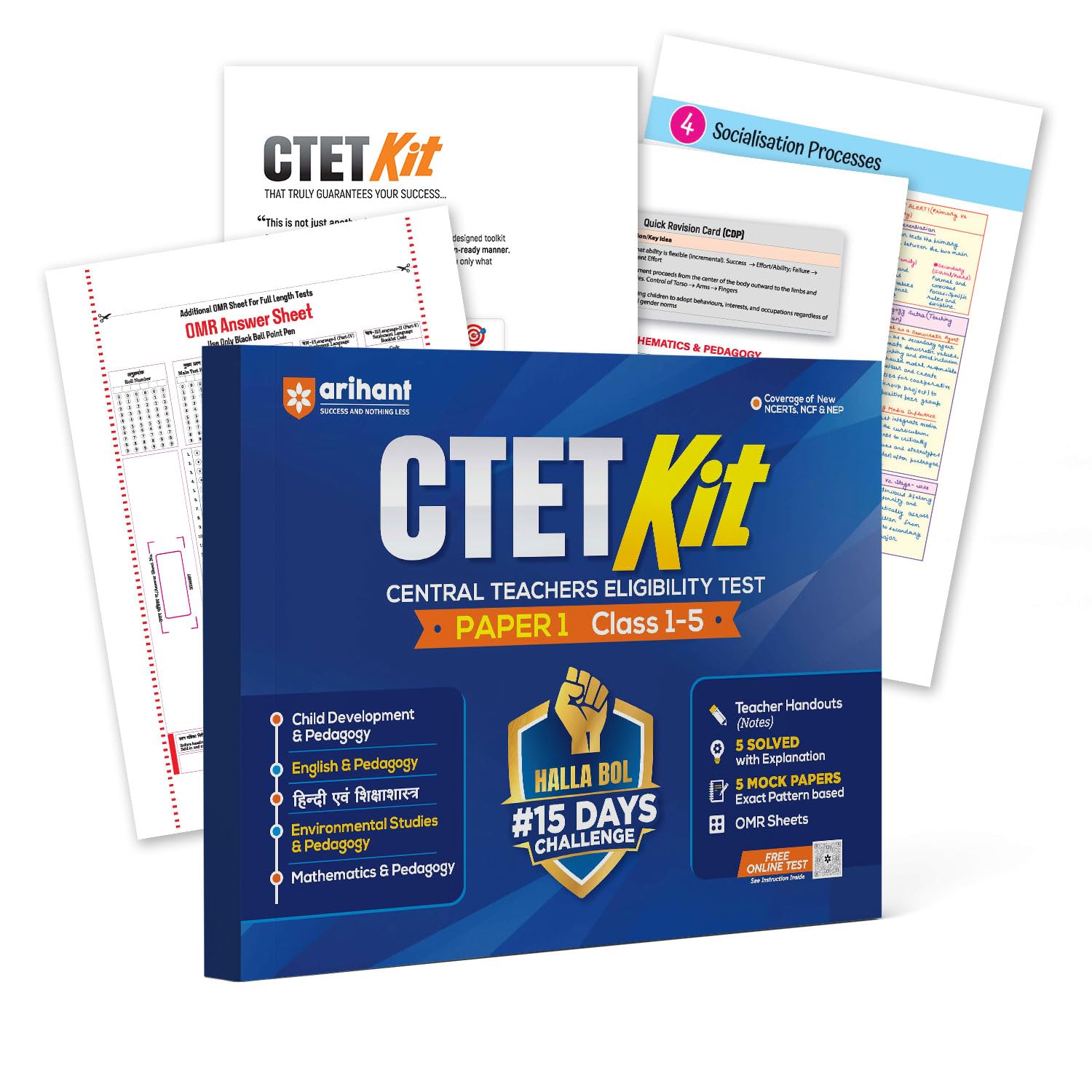 Arihant CTET Kit Paper 1 Class 1 To 5 2026 15 Days Hallabol Challenge Teacher Handouts Notes 5 Solved Papers, 5 Practice Sets And OMR Sheets English Medium With Free Water Proof Khatu Shyam Sticker