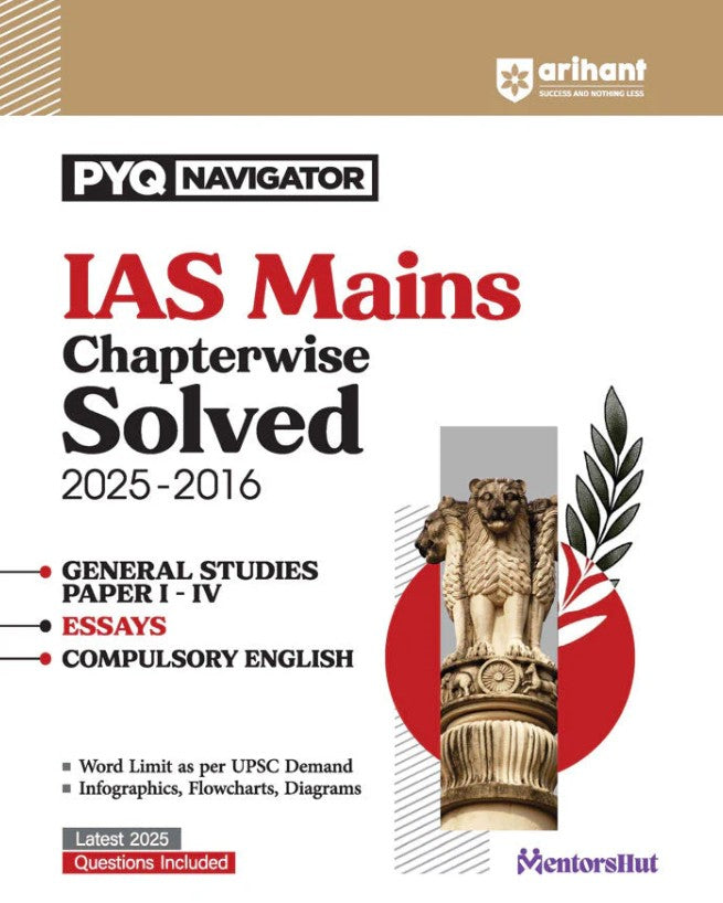 Arihant IAS Mains Chapterwise Solved Papers 2025 to 2016 General Studies Paper I–IV Essays and Compulsory English Detailed Solutions with Word Limit Flowcharts and Diagrams PYQ Navigator Series