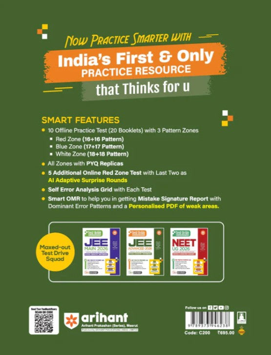 Arihant JEE Advanced 2026 Test Drive Physics Chemistry and Maths 15 Tests with 21 Booklets and 1500 Questions AI-Adaptive Practice with Error Analysis Smart OMR Real-Time PYQs (Online) and Revision PDF Based on Latest NTA Pattern