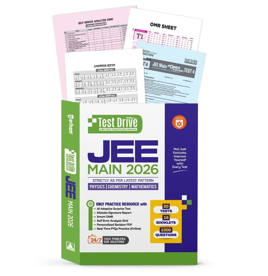 Arihant JEE Main 2026 Test Drive Physics Chemistry and Maths 20 Tests with 16 Booklets and 1500 Questions AI-Adaptive Practice with Error Analysis Smart OMR Real-Time PYQs (Online) and Revision PDF Based on Latest NTA Pattern