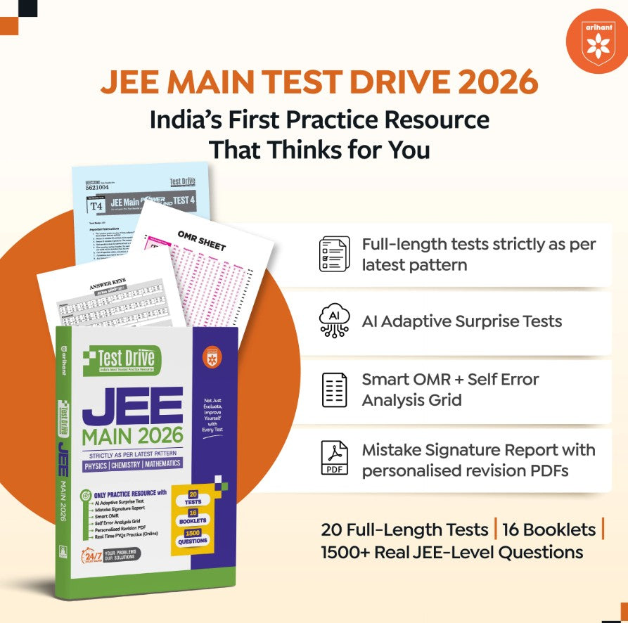 Arihant JEE Main 2026 Test Drive Physics Chemistry and Maths 20 Tests with 16 Booklets and 1500 Questions AI-Adaptive Practice with Error Analysis Smart OMR Real-Time PYQs (Online) and Revision PDF Based on Latest NTA Pattern