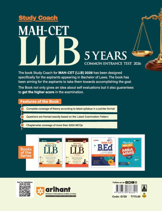 Arihant MAH CET LLB 5 Years Common Entrance Test 2026 Study Coach 5000+ MCQs Study Notes with Solved Papers 2025
