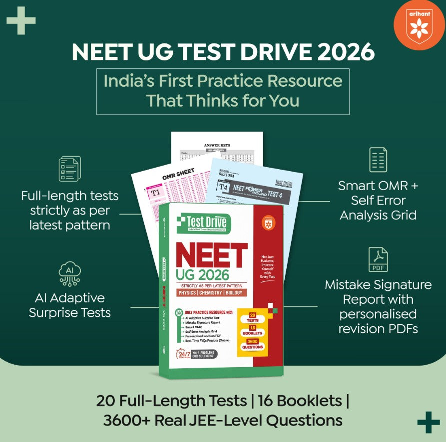 Arihant NEET UG 2026 Test Drive 20 Tests with 16 Booklets and 3600 Questions Physics Chemistry and Biology AI-Adaptive Practice with Error Analysis Smart OMR Real-Time PYQs (Online) and Revision PDF Based on Latest NTA Pattern