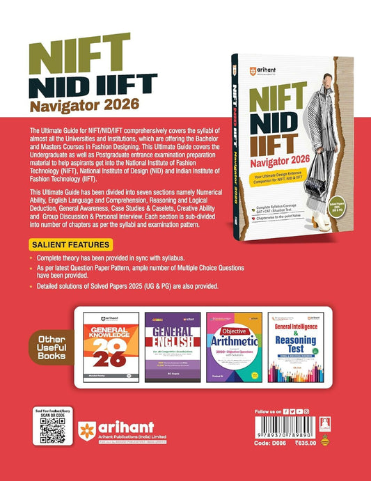Arihant NIFT NID IIFT Navigator 2026 Ultimate Guide for Design Entrance Exams Complete Syllabus Coverage for UG and PG GAT CAT Situation Test Solved Papers 2025 with Chapterwise Notes