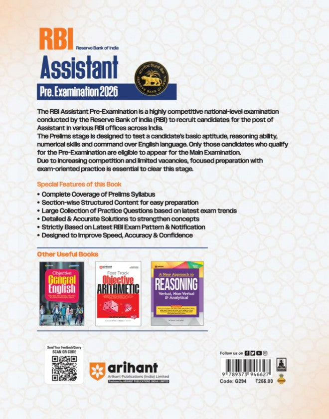 Arihant RBI Assistant Prelims 2026 Complete Coverage of English Quant and Reasoning 2500+ MCQs with Model Solved Paper As per Latest Exam Pattern and Syllabus