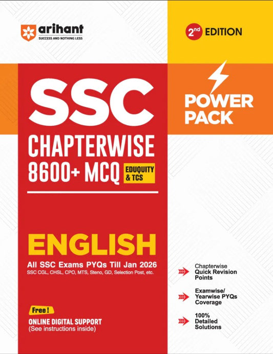 Arihant SSC English Chapterwise 8600+ MCQs Power Pack 2nd Edition For CGL CHSL CPO MTS GD and Steno Exams Eduquity and TCS Questions Till 2026 Quick Revision Points + 100% Detailed Solutions