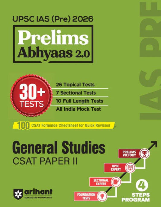 Arihant UPSC IAS Prelims 2026 General Studies CSAT Paper 2 Prelims Abhyaas 2.0 30+ Tests (26 Topical Test + 7 Sectional + 10 Full-Length 100 CSAT Formulae Cheatsheet for Quick Revision
