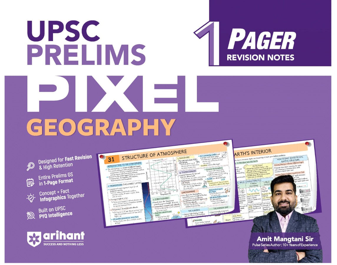 Arihant UPSC Prelims Geography Pixel 1-Pager Revision Notes Fast Revision Entire Prelims GS in 1-Page Format Concept and Fact Infographics with PYQ-Based Preparation