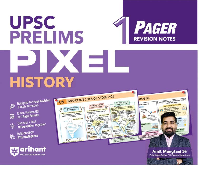 Arihant UPSC Prelims History Pixel 1-Pager Revision Notes Fast Revision Entire Prelims GS in 1-Page Format Concept and Fact Infographics with PYQ-Based Preparation
