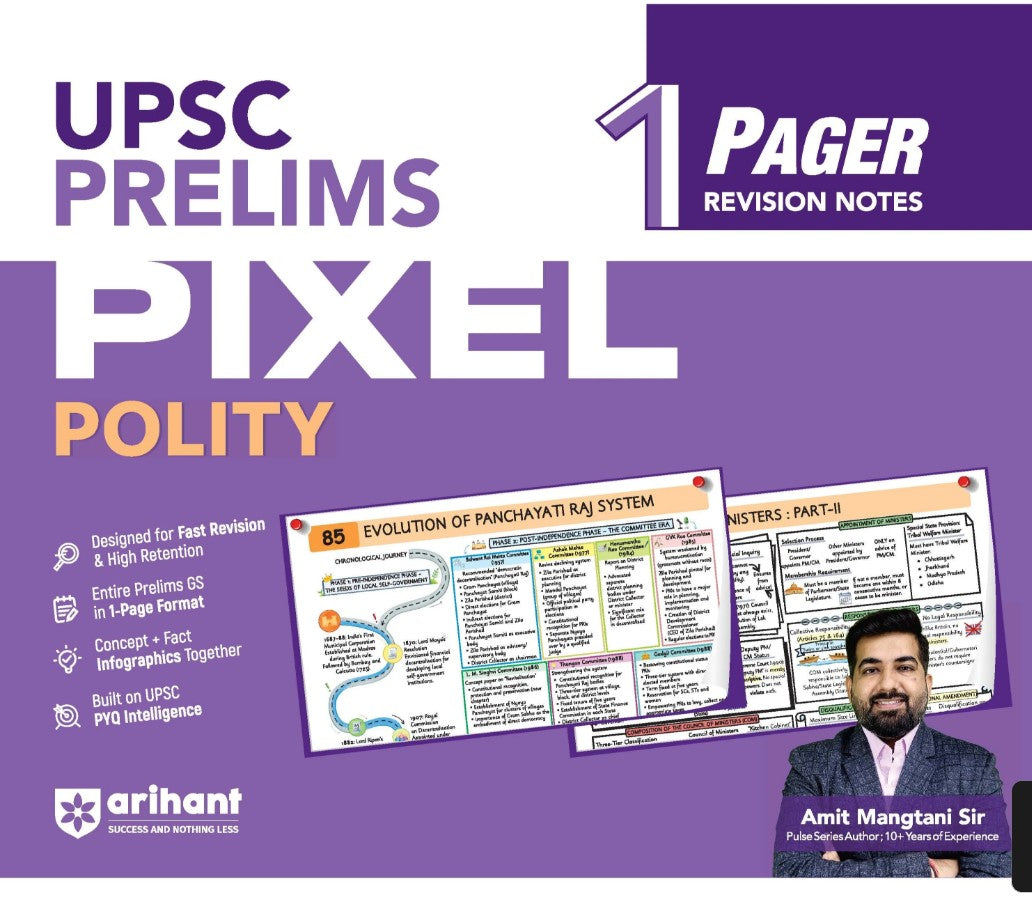 Arihant UPSC Prelims Polity Pixel 1-Pager Revision Notes Fast Revision Entire Prelims GS in 1-Page Format Concept and Fact Infographics with PYQ-Based Preparation