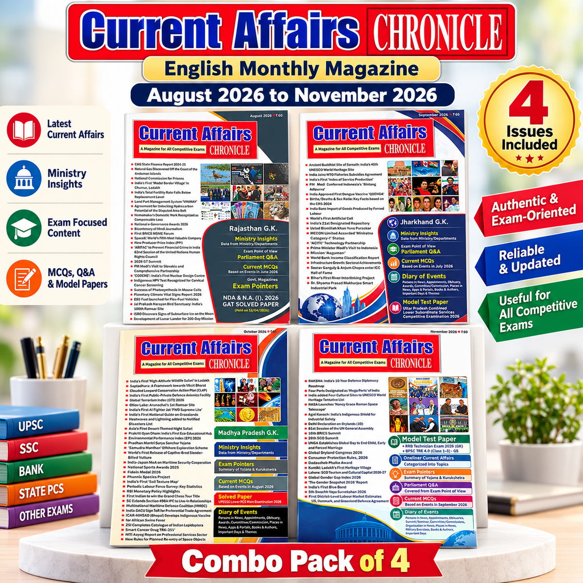 Current Affairs Chronicle English Monthly Magazine August 2026 to November 2026 Combo Set of 4 for All Competitive Exams