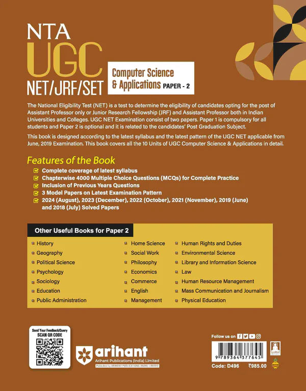 Arihant NTA UGC NETJRF SET Paper 2 Computer Science And Application 3 Model Papers With Latest Solved Papers With Free Khatu Shyam Sticker