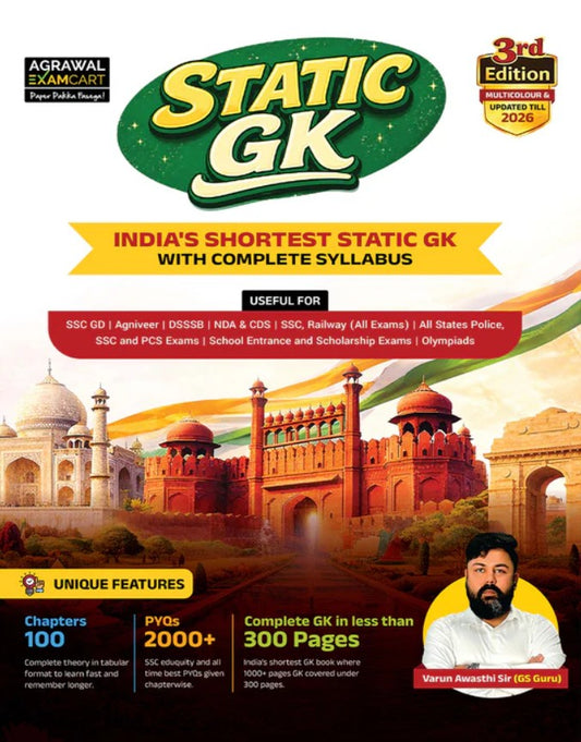 Examcart All Competitive Exams Static GK Book 2026 In English by Varun Awasthi 100 Chapters with 2000+ PYQs and Chapterwise Theory For SSC GD Railway NDA CDS Agniveer Police PCS DSSSB Exams 
