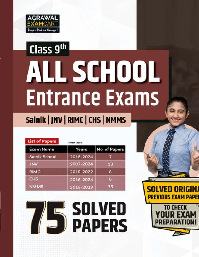 Examcart Class 9 All School Entrance Exams JNV Sainik RIMC CHS and NMMS Solved Papers 75 Sets Book For 2026 Exam English Medium