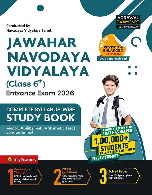 Examcart Jawahar Navodaya Vidyalaya JNV cLASS 6 Complete Study Guidebook with 2800+Questions And Solved Paper for Entrance Exam 2026 English Medium With Free Khatu Shyam Sticker