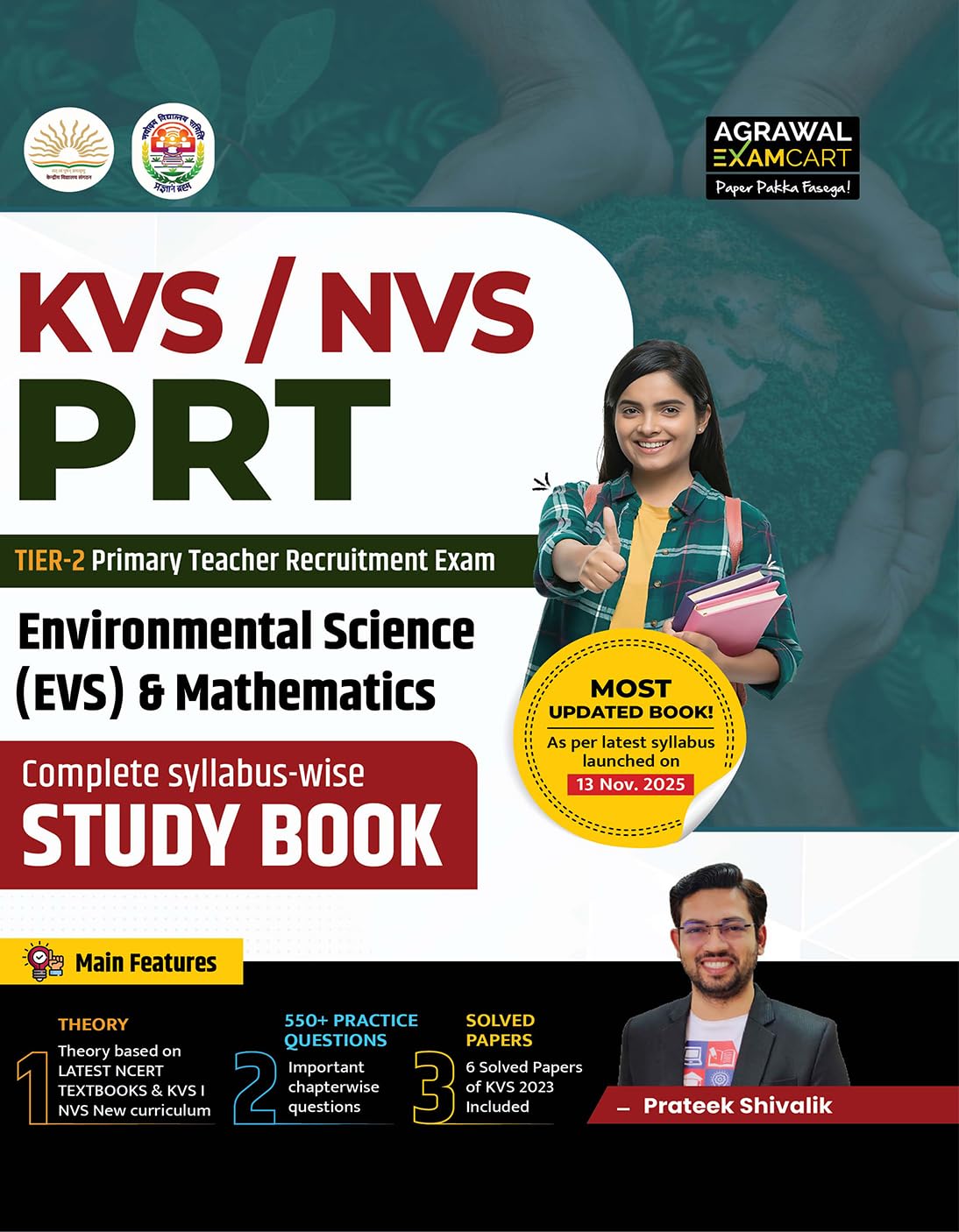 Examcart KVS PRT EVS and Mathematics Complete Syllabus-wise Study Guide Book 2026 by Prateek Shivalik Latest NCERT and KVS Syllabus 550+ MCQs and 6 Solved Papers In English 