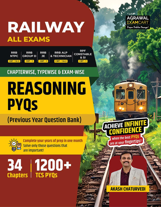 Examcart Railway Reasoning PYQs Book 2026 By Akash Chaturvedi Type and Exam-wise 34 Chapters and 1200+ Previous Year Question for All Exam RRB NTPC Group D ALP etc