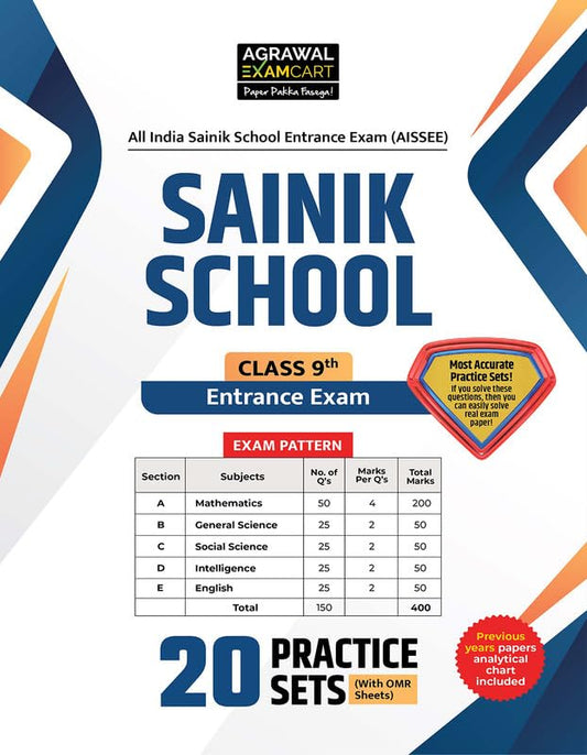  Examcart Sainik School Class 9 Entrance Exam 2026 20 Practice Set Book with OMR Sheets AISSEE Latest Pattern and Syllabus Based In English