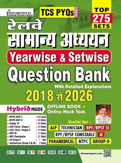 Kiran Railway Samanya Adhyayan General Awareness Yearwise and Setwise Question Bank 2018 to 2026 Solved Papers Top 275 Sets TCS PYQs Hindi Medium K 6067
